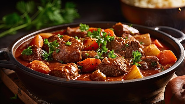 Un bol de ragoût de boeuf avec des légumes et du riz