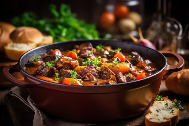 Un bol de ragoût avec de la viande et des légumes