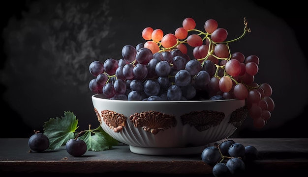 Un bol de raisins avec un fond noir