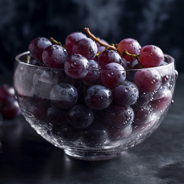 Un bol de raisins avec des gouttelettes d'eau dessus