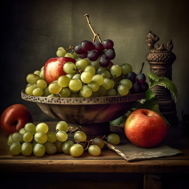 Un bol de raisins et une pomme rouge sur une table.