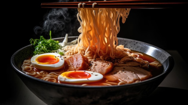 Un bol de ramen avec des baguettes et un œuf au plat sur le dessus