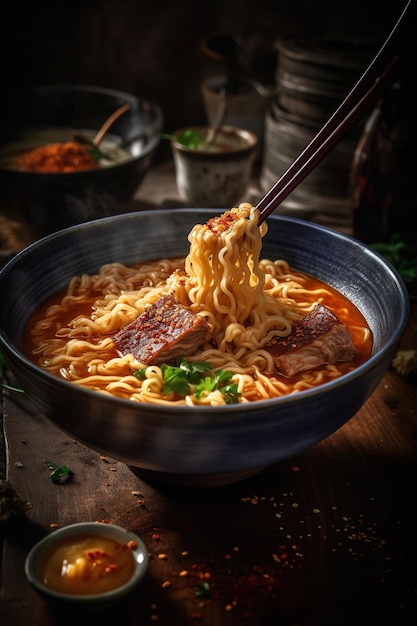 Un bol de ramen avec des baguettes tenant une paire de baguettes dessus.