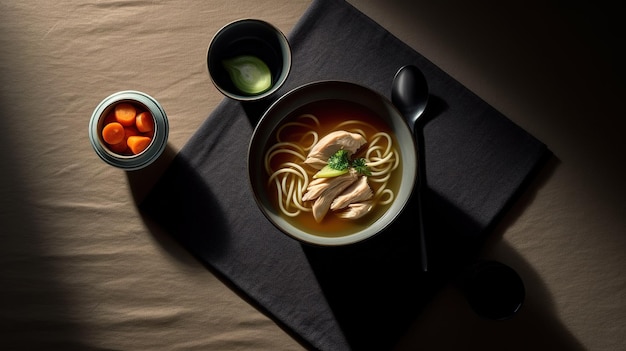 Un bol de ramen avec un bol de nouilles et un bol de légumes verts