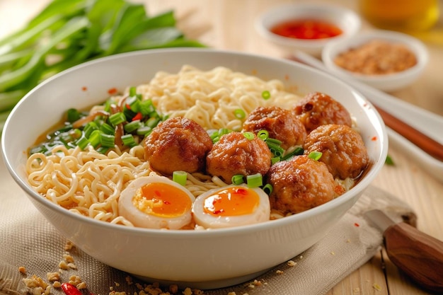 un bol de ramen avec des boulettes de viande et des œufs