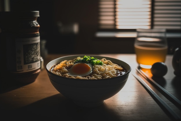 Un bol de ramen avec une bouteille de bière en arrière-plan.