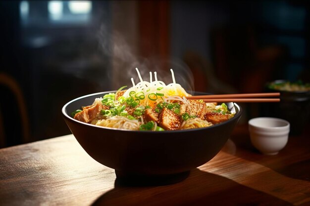 Un bol de ramen chaud à la vapeur avec des baguettes et des légumes verts