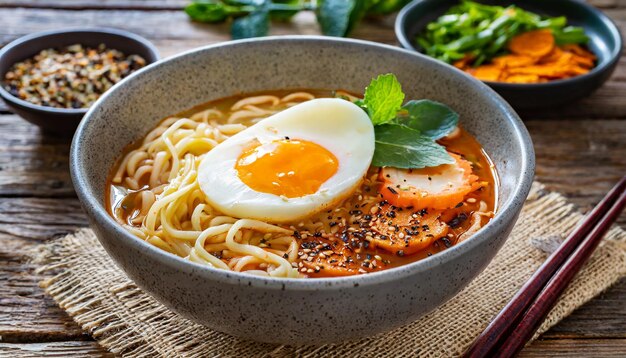 Photo un bol de ramen coréen épicé avec des nouilles et des œufs sur une table en bois.