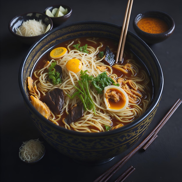 Un bol de ramen avec une cuillère et un bol de sauce.