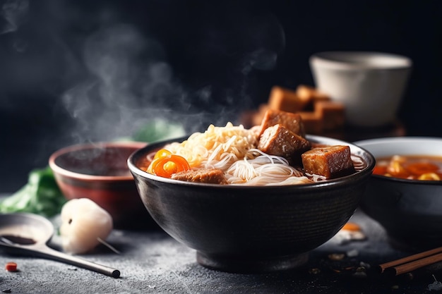 Un bol de ramen avec un fond fumé