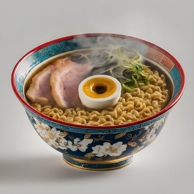 Un bol de ramen japonais traditionnel avec des œufs de porc et des légumes sur un fond blanc