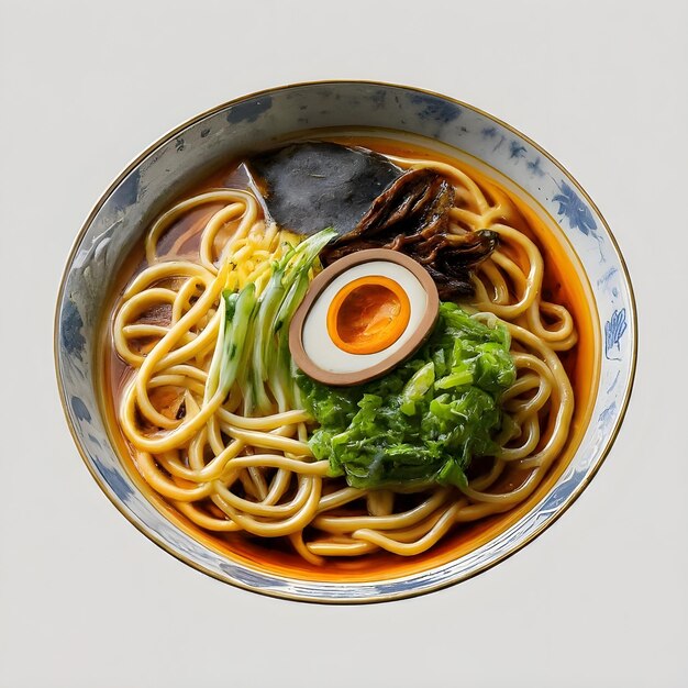 Un bol de ramen japonais traditionnel avec des œufs de porc et des légumes sur un fond blanc