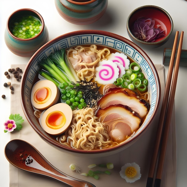 Un bol de ramen japonais traditionnel avec des œufs de porc et des légumes sur un fond blanc