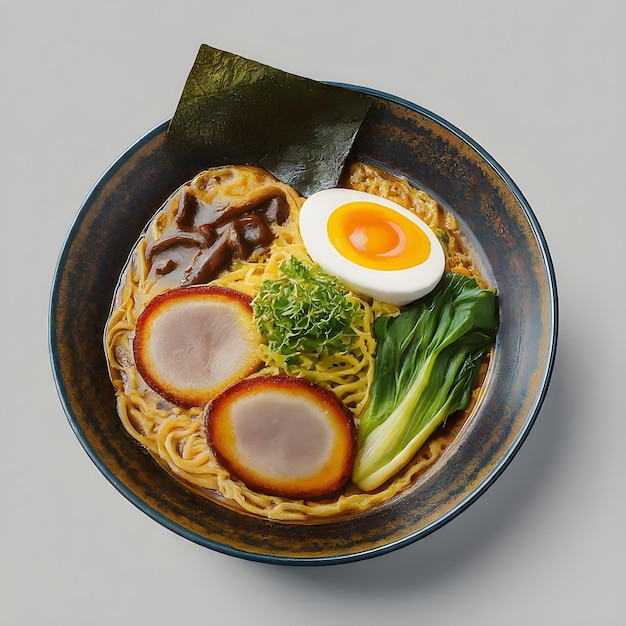 Un bol de ramen japonais traditionnel avec des œufs de porc et des légumes sur un fond blanc