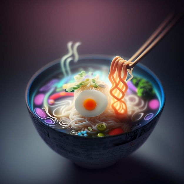 Un bol de ramen avec un morceau de nourriture dessus