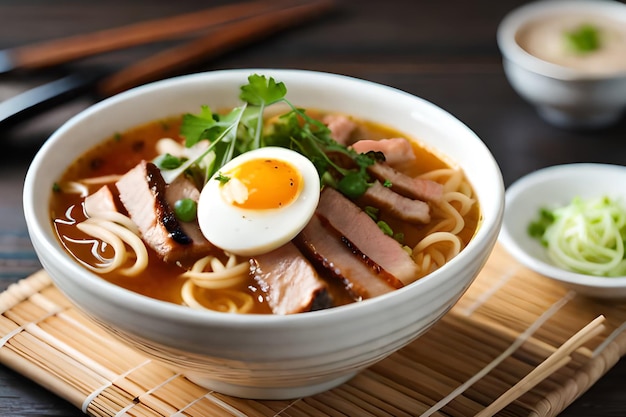 Un bol de ramen avec un œuf au plat sur le dessus