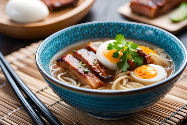 Un bol de ramen avec un œuf au plat sur le dessus