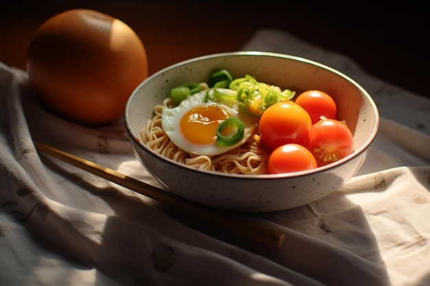 Un bol de ramen avec un œuf au plat sur le dessus