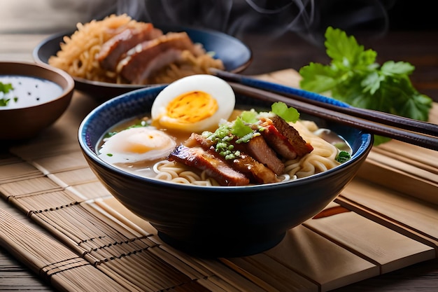 Un bol de ramen avec un œuf au plat et un œuf au plat sur le dessus.