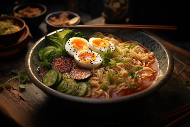 un bol de ramen avec un œuf bouilli sur le dessus