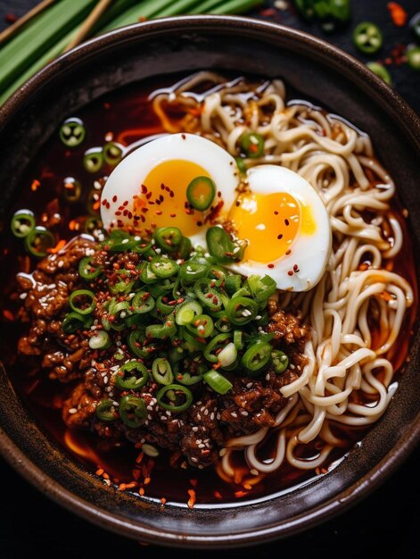 un bol de ramen avec un œuf sur le dessus