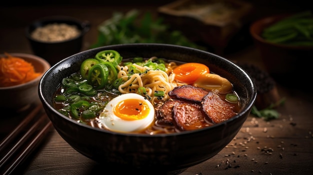 Un bol de ramen avec un œuf dur à côté