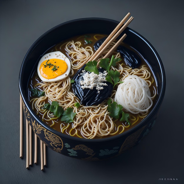 Un bol de ramen avec un œuf dur dessus.