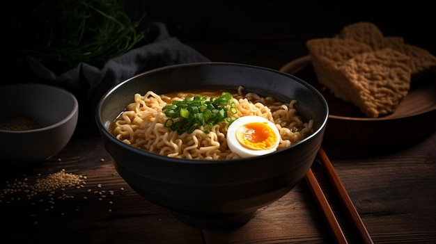 Un bol de ramen avec un œuf dur sur le dessus