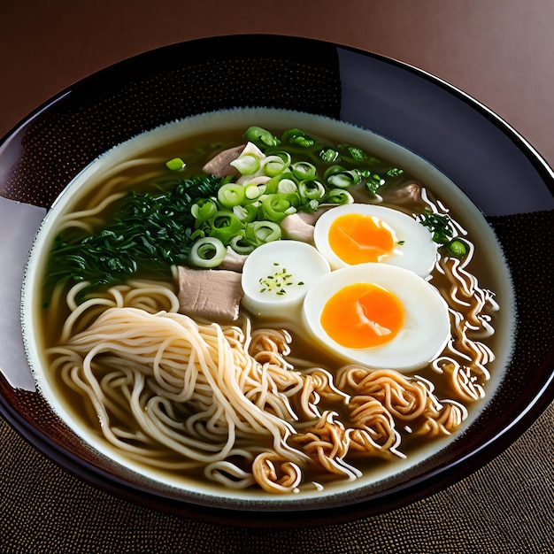 Un bol de ramen avec un œuf dur et des oignons verts