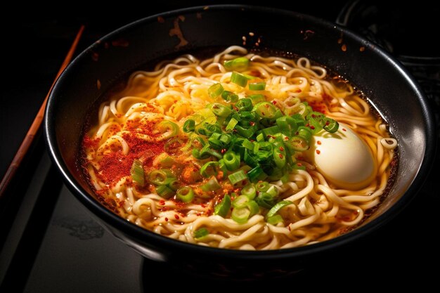 un bol de ramen avec un œuf et des oignons verts