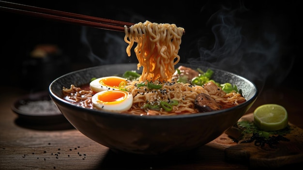 Un bol de ramen avec une paire de baguettes et une paire de baguettes.