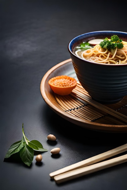 Un bol de ramen avec une petite tranche d'orange sur une assiette.