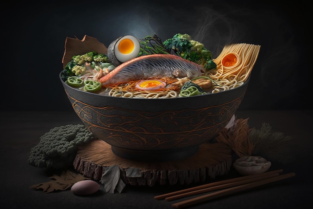 Un bol de ramen avec un poisson dessus