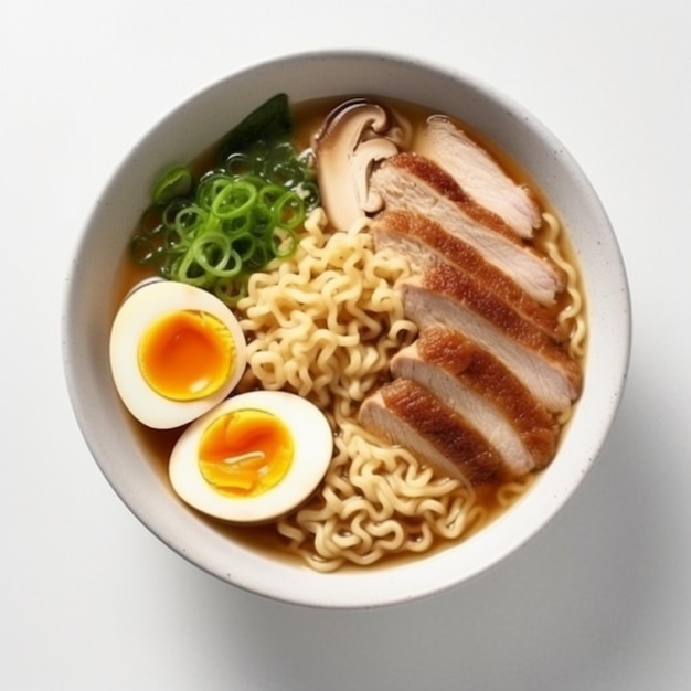 Un bol de ramen avec un poulet et un œuf sur le dessus.