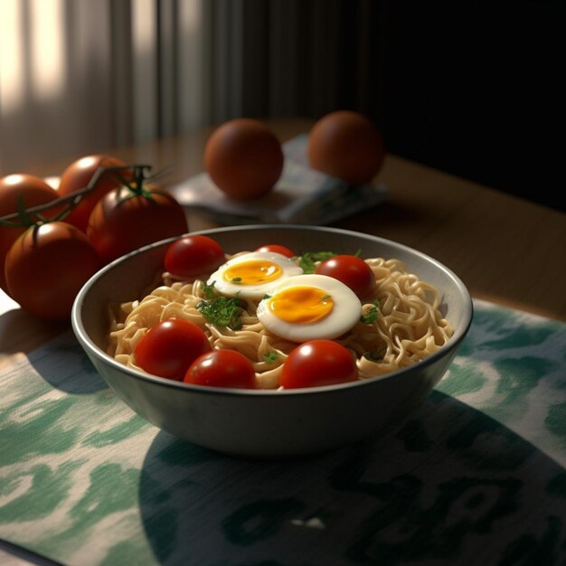 Un bol de ramen avec quelques tomates sur la table