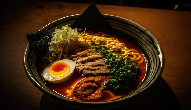 Un bol de ramen avec une sauce rouge et de la viande sur le dessus.