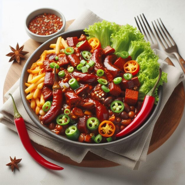 Un bol réconfortant de poivre de bœuf avec des morceaux tendres de haricots, de tomates et d'un medl.