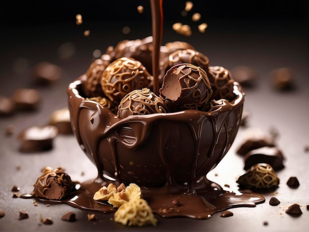 un bol recouvert de chocolat avec du chocolat et des noix et une cuillère pour y verser du chocolat