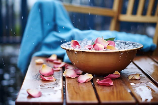 Un bol rempli d'eau et de pétales de rose sur un banc.