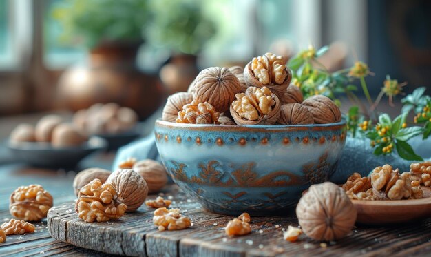Un bol rempli de noix sur une table en bois Un délicieux assortiment de noix