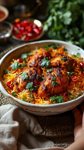 un bol rempli de poulet et de riz sur une table