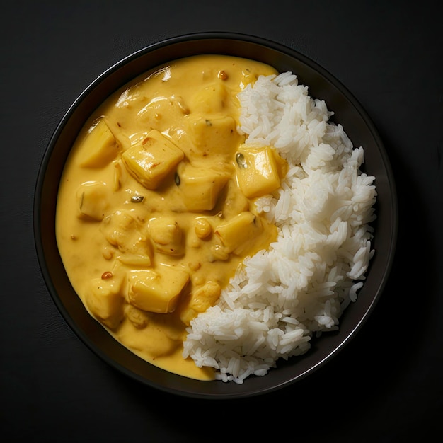 Un bol rempli de riz et de curry sur une table