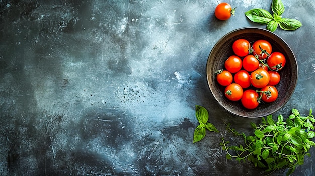 Un bol rempli de tomates cerises est posé sur le comptoir avec des feuilles à proximité.