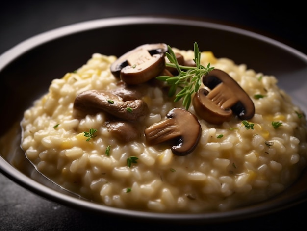 Un bol de risotto aux champignons et au romarin sur le dessus.