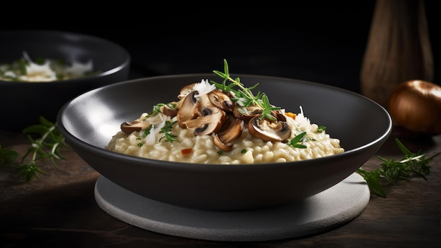 Un bol de risotto crémeux aux champignons et au parmesan.