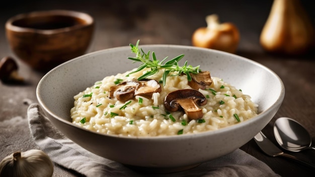 Un bol de risotto crémeux avec des champignons sur le dessus.