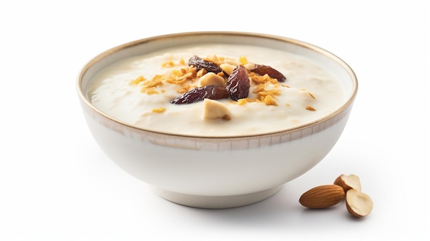 Bol de riz au lait savoureux avec des fruits secs sur fond blanc