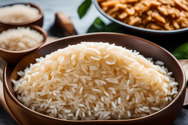Photo un bol de riz avec d'autres plats dont du riz et de la viande.