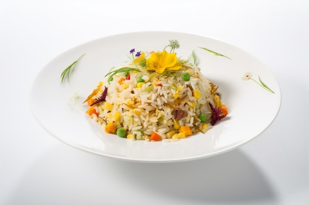 Un bol de riz aux légumes et pois sur fond blanc.