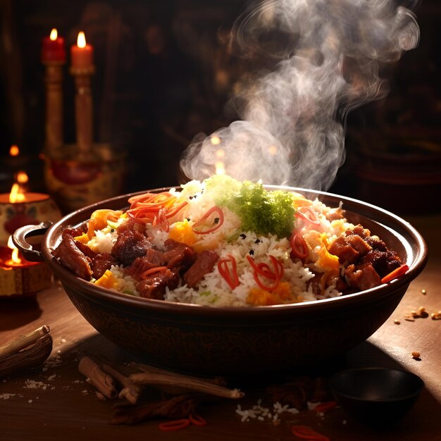 Photo un bol de riz babao fan avec des légumes frais et des herbes